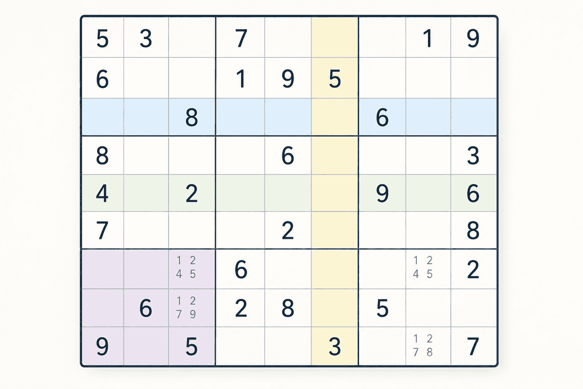 Uma grelha de Sudoku clara com linhas, colunas e caixas destacadas para mostrar a estrutura básica de resolução
