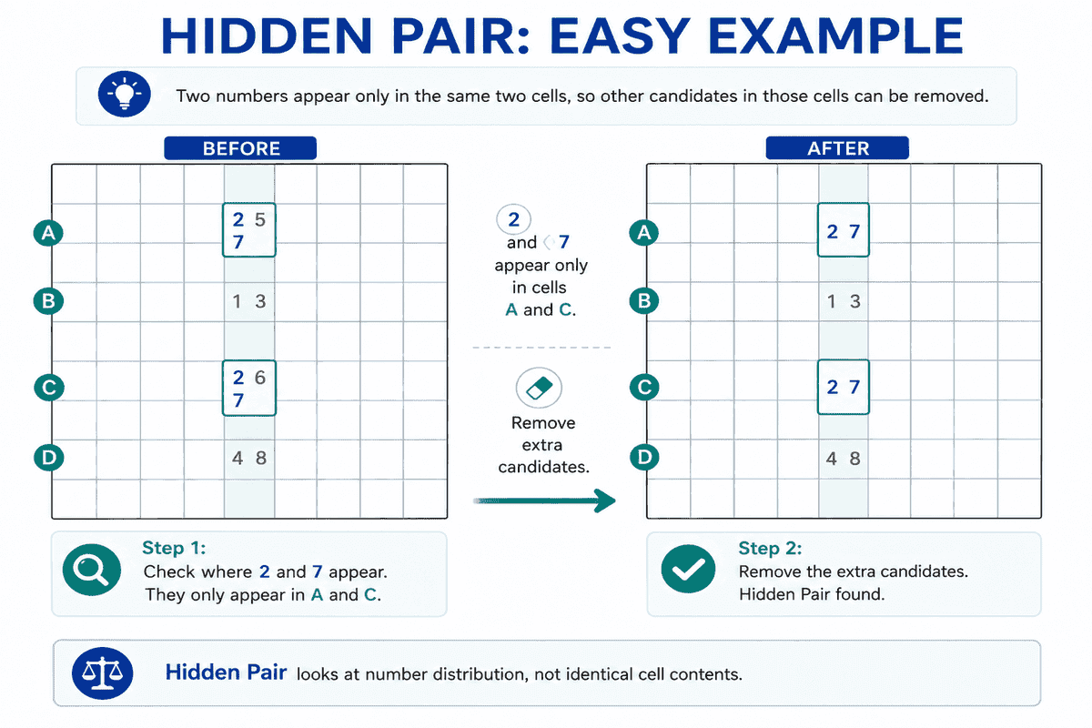 Exemplo fácil de Hidden Pair mostrando que os números 2 e 7 aparecem apenas em A e C