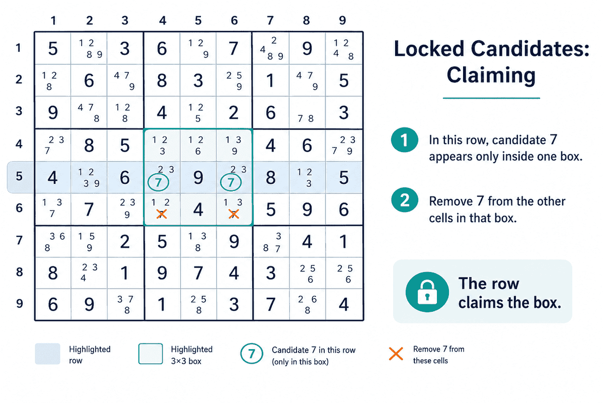Exemplo de Locked Candidates do tipo claiming mostrando o candidato 7 removido de uma caixa